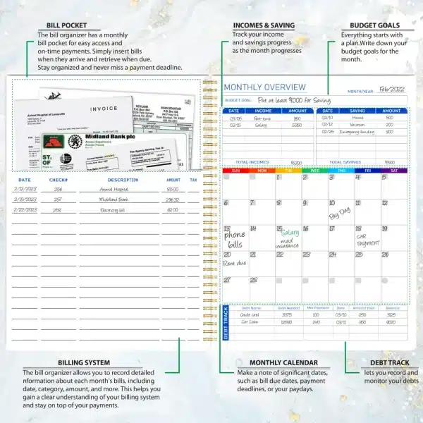Open view of monthly budget planner with 12 pockets
