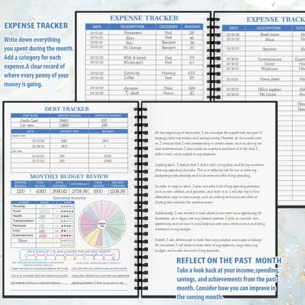 A5 Arrow-Style Budget Planner in black with modern financial icons on the cover, shown open to a monthly budget layout with tracking tables.