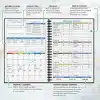 A5 Arrow-Style Budget Planner in black with modern financial icons on the cover, shown open to a monthly budget layout with tracking tables.