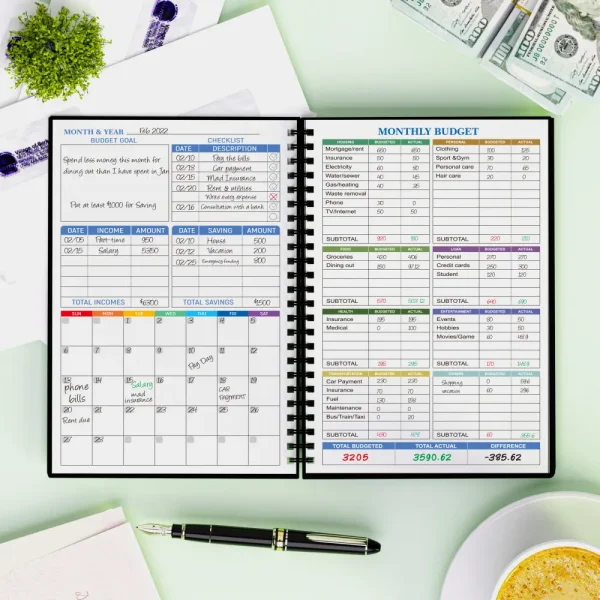 A5 Arrow-Style Budget Planner in black with modern financial icons on the cover, shown open to a monthly budget layout with tracking tables.