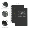 A5 Arrow-Style Budget Planner in black with modern financial icons on the cover, shown open to a monthly budget layout with tracking tables.