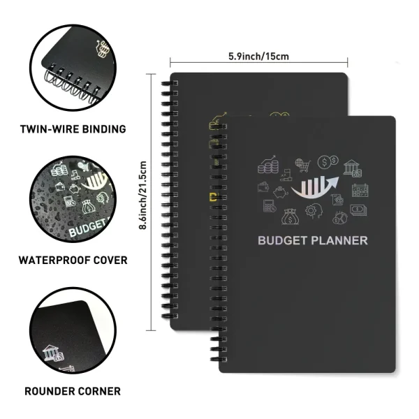 A5 Arrow-Style Budget Planner in black with modern financial icons on the cover, shown open to a monthly budget layout with tracking tables.