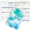 A5 Blue Marble Budget Planner with gold foil text, shown open to the monthly budget tracking layout on thick, 100gsm paper.