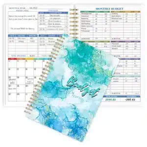 A5 Blue Marble Budget Planner with gold foil text, shown open to the monthly budget tracking layout on thick, 100gsm paper.
