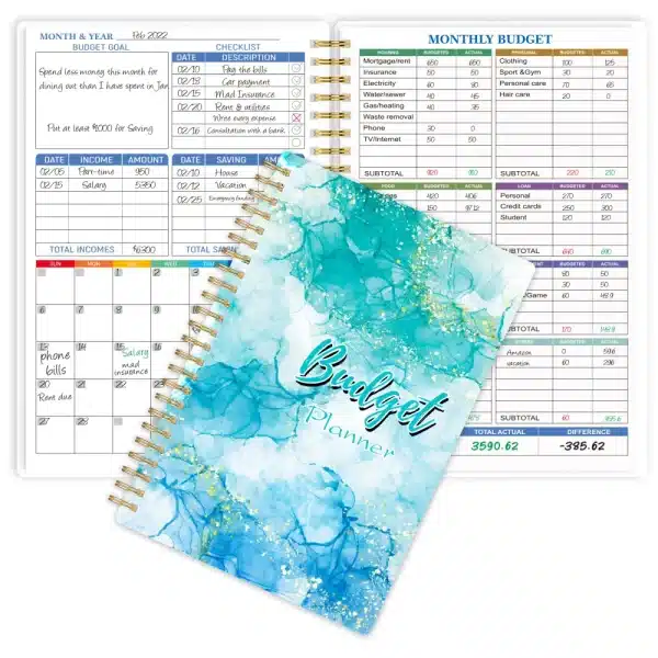 A5 Blue Marble Budget Planner with gold foil text, shown open to the monthly budget tracking layout on thick, 100gsm paper.
