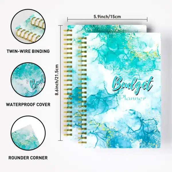 A5 Blue Marble Budget Planner with gold foil text, shown open to the monthly budget tracking layout on thick, 100gsm paper.