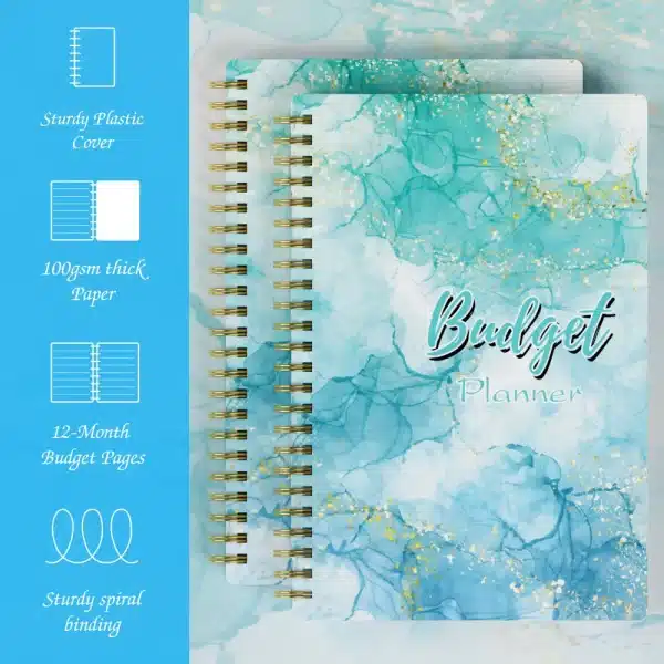 A5 Blue Marble Budget Planner with gold foil text, shown open to the monthly budget tracking layout on thick, 100gsm paper.