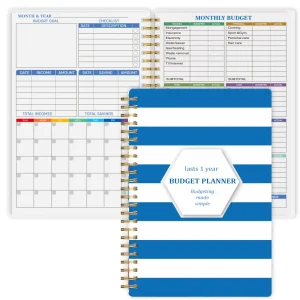 Open A5 Blue Stripe Budget Planner showing monthly layout