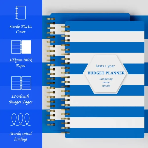 Open A5 Blue Stripe Budget Planner showing monthly layoutipe Budget Planner
