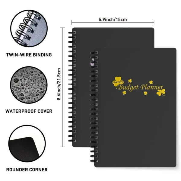 A5 Clover-Style Budget Planners in green, black, and pink, showing the durable waterproof cover, gold foil "Budget Planner" text, and sturdy spiral binding.
