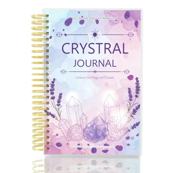 A5 Crystal Journal with a purple watercolor cover, gold spiral binding, and lavender and crystal illustrations.