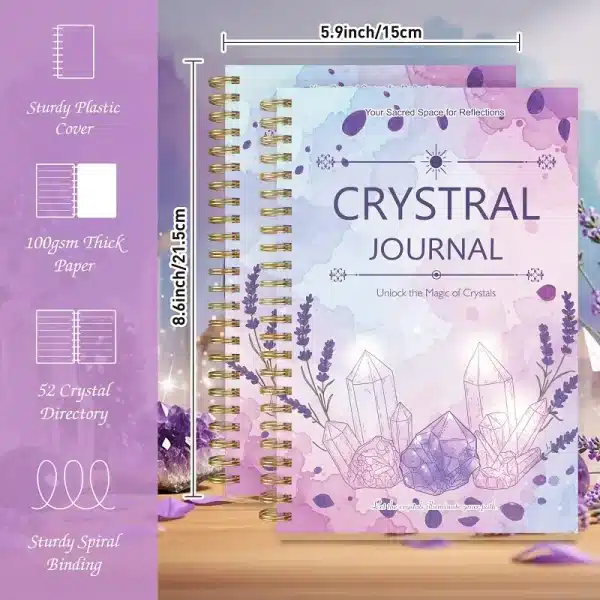 The Crystal Journal showing dimensions (8.6 x 5.9 inches) and key features like the sturdy plastic cover and 52-page crystal directory.