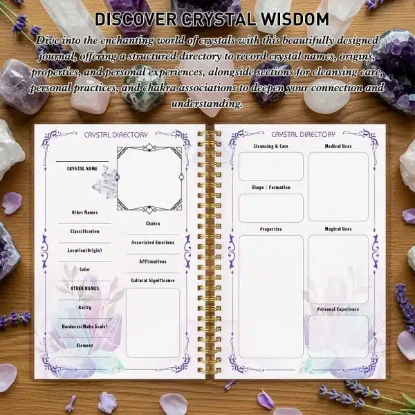 Open Crystal Journal displaying the detailed Crystal Directory template for logging a crystal's properties, chakras, cleansing care, and personal experiences.