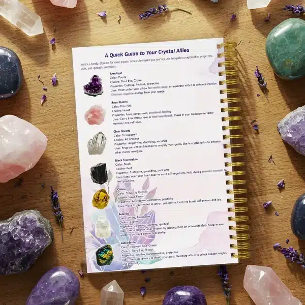 A quick guide page inside the Crystal Journal listing popular crystals like Amethyst and Rose Quartz with their properties and uses.