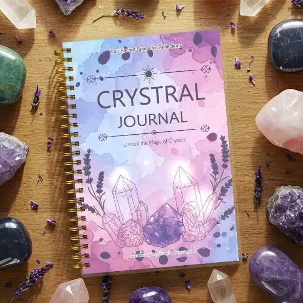 The Crystal Journal laying on a wooden table, beautifully styled and surrounded by healing crystals like amethyst, rose quartz, and lavender sprigs.