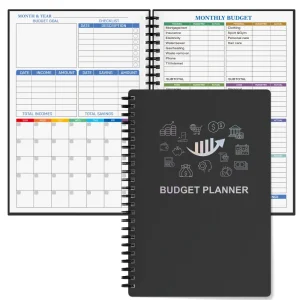 A5 Arrow-Style Budget Planner in black with modern financial icons on the cover, shown open to a monthly budget layout with tracking tables.