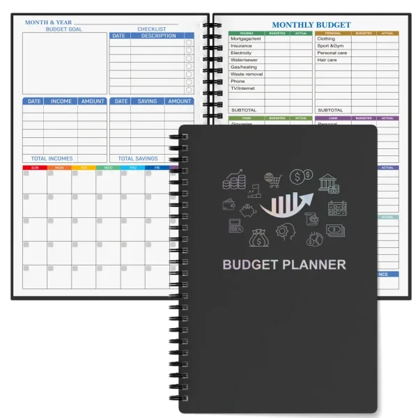 A5 Arrow-Style Budget Planner in black with modern financial icons on the cover, shown open to a monthly budget layout with tracking tables.