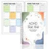 Open ADHD Task Hub planner showing two blank, color-coded daily templates next to the front cover.