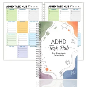 ADHD Task Hub (1) Open ADHD Task Hub planner showing two blank, color-coded daily templates next to the front cover.
