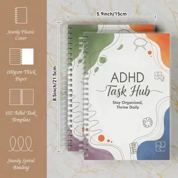 A5 ADHD Task Planner showing dimensions (8.5 x 5.9 inches) and features like the sturdy plastic cover and 100gsm thick paper.