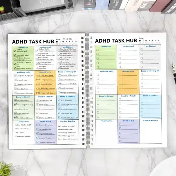 Example of a completed daily page in the ADHD Task Hub, with checkboxes marked and appointments scheduled to show functionality.