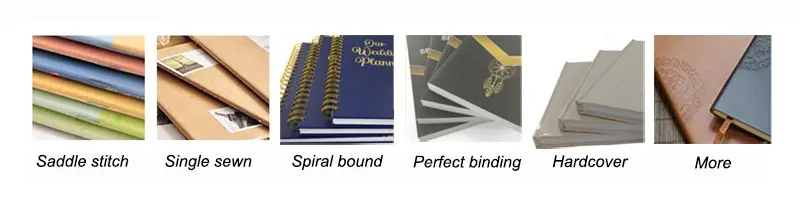 Saddle stitch, wire-o, and spiral binding options for custom journals