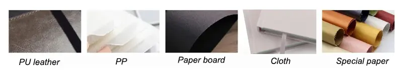 Custom notebook cover materials including PU leather, PP, paper board, cloth, and special paper