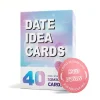 Product box for 'Date Idea Cards' with 40 scratch-off cards, featuring a pink 'Her Turn' Couple Decision Coin.