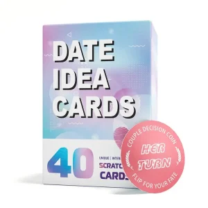 Date Idea Scratch-Off Cards (1) Product box for 'Date Idea Cards' with 40 scratch-off cards, featuring a pink 'Her Turn' Couple Decision Coin.