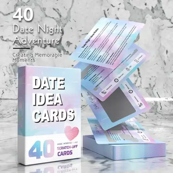 Box of Date Idea Cards with several scratch-off cards floating out, showing the mystery scratch panel and the card backs.