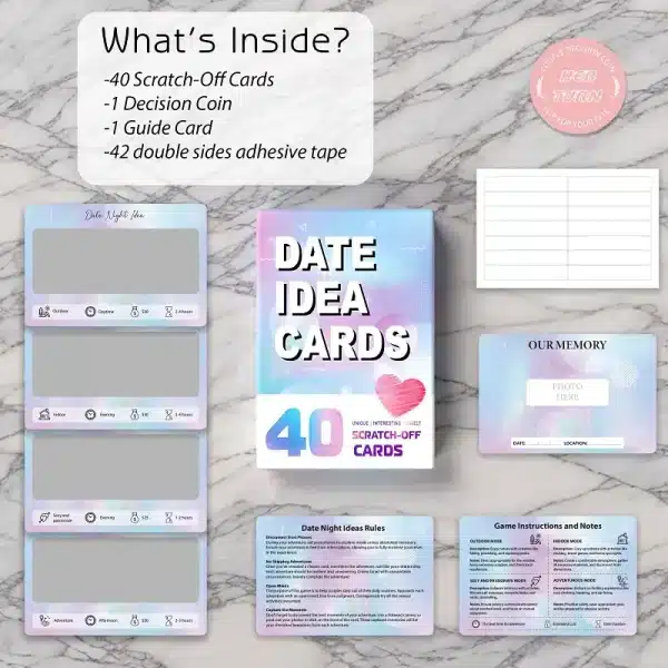 Full contents of the Date Idea Cards box, including 40 cards, a decision coin, memory card, and guide.