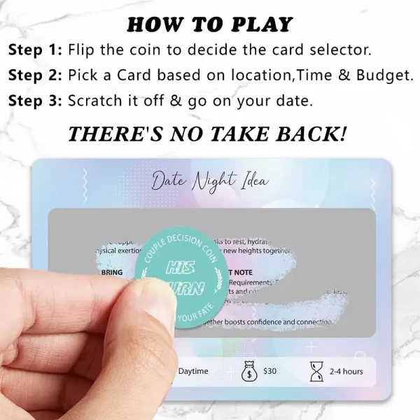 Demonstration of how to play the date night game: flip the coin, pick a card, and scratch it off with the coin.