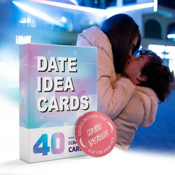 A couple kissing at night, with the Date Idea Cards product box superimposed, suggesting a romantic outcome.