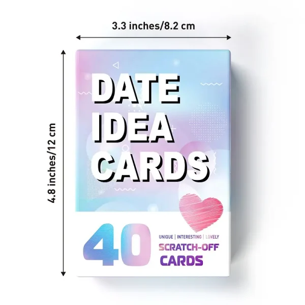 The Date Idea Cards box showing its dimensions: 4.8 inches (12 cm) tall and 3.3 inches (8.2 cm) wide.