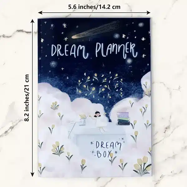 The Dream Planner showing its dimensions: 8.2 inches (21 cm) in height and 5.6 inches (14.2 cm) in width.