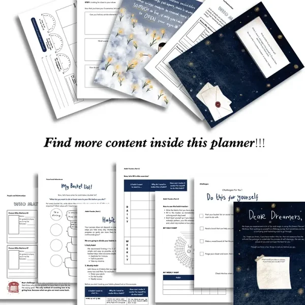 A collection of various guided pages from the Dream Planner, including habit trackers, bucket lists, and self-reflection prompts.