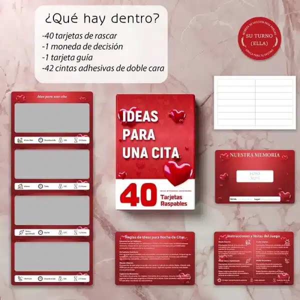 All contents of the date night ideas box, including 40 scratch-off cards, decision coin, and memory card.
