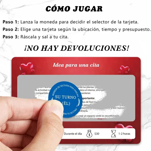 A hand scratching a date idea card with the "His Turn" decision coin, demonstrating how the game works.
