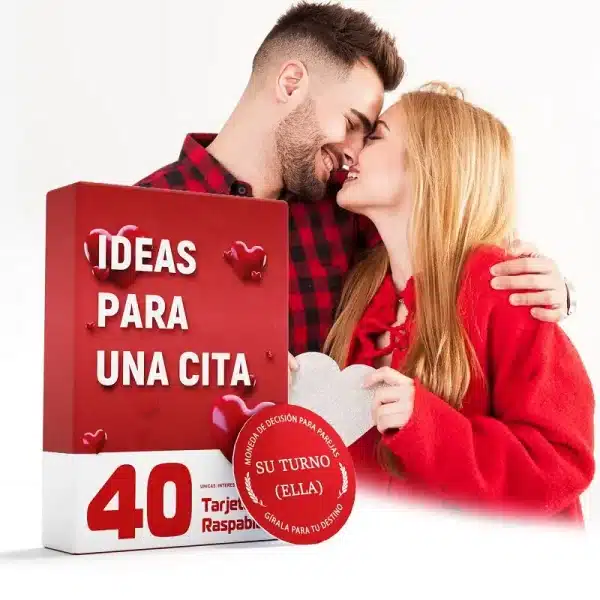 A happy, romantic couple smiling, with the "Ideas Para Una Cita" game box in the foreground.