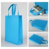 Detailed views of a blue non-woven tote bag showing the reinforced handle stitching, side gusset, and flat bottom construction.