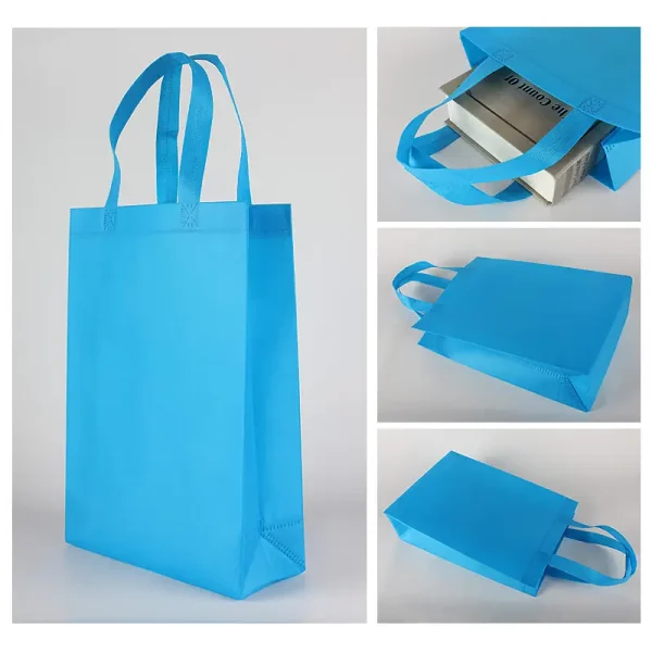 Detailed views of a blue non-woven tote bag showing the reinforced handle stitching, side gusset, and flat bottom construction.