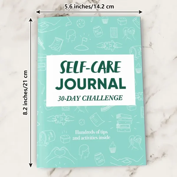 The Self-Care Journal showing its dimensions: 8.2 inches (21 cm) in height and 5.6 inches (14.2 cm) in width.