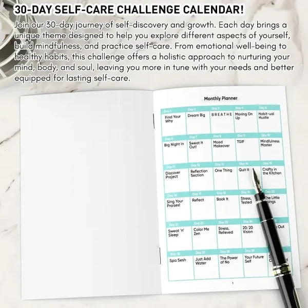 An open journal spread showing the 30-Day Self-Care Challenge monthly calendar layout.