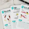 A collection of daily pages from the self-care journal, including prompts for reflection, gratitude, and physical movement exercises.