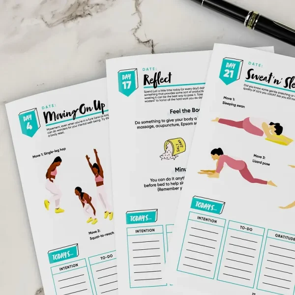 A collection of daily pages from the self-care journal, including prompts for reflection, gratitude, and physical movement exercises.