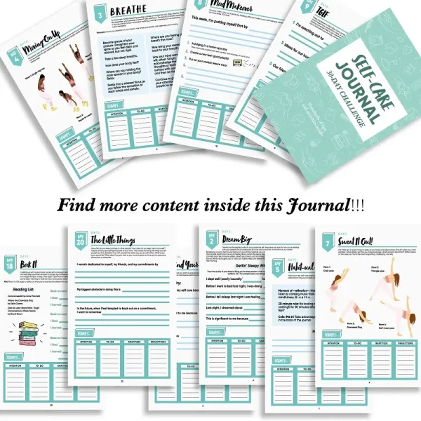 An overview of various guided activity pages from the 30-Day Self-Care Journal.