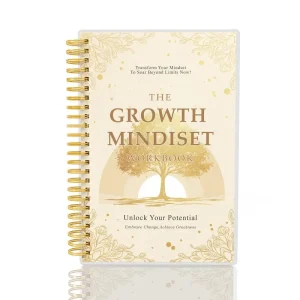 The Growth Mindset Workbook in A5 size, featuring an elegant gold tree design and a sturdy gold spiral binding.