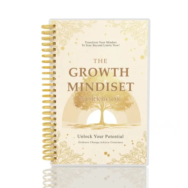 The Growth Mindset Workbook in A5 size, featuring an elegant gold tree design and a sturdy gold spiral binding.