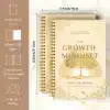 The Growth Mindset Workbook showing its dimensions (8.5 x 5.9 inches) and key features like the sturdy plastic cover and 100gsm paper.