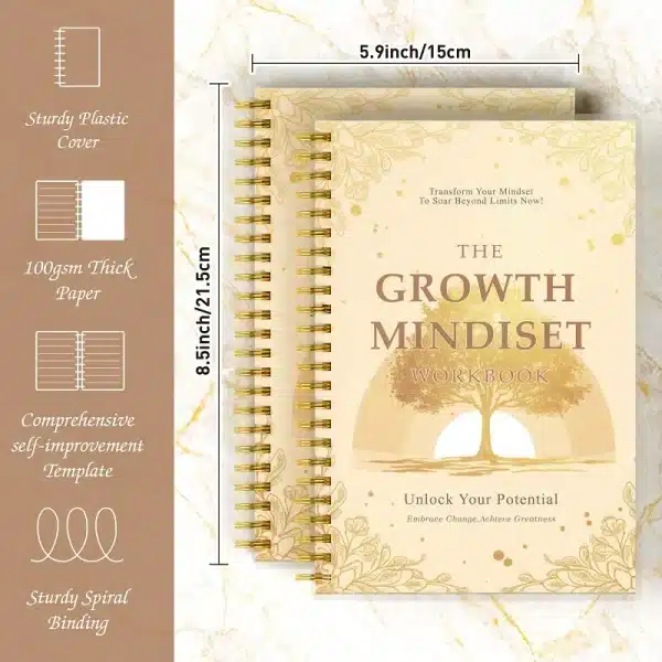The Growth Mindset Workbook showing its dimensions (8.5 x 5.9 inches) and key features like the sturdy plastic cover and 100gsm paper.